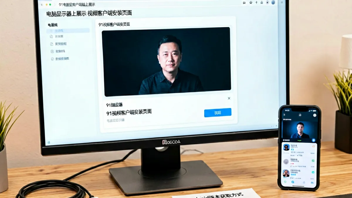 电脑显示器上展示91视频客户端安装页面，右侧放置一部正在安装应用的智能手机，桌面上还散落着数据线和说明书