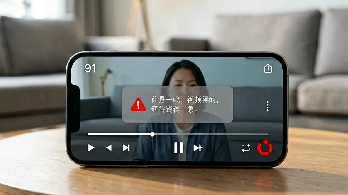 手机屏幕显示91视频播放器界面，右下角出现缓冲图标和错误提示弹窗，背景为模糊的客厅环境